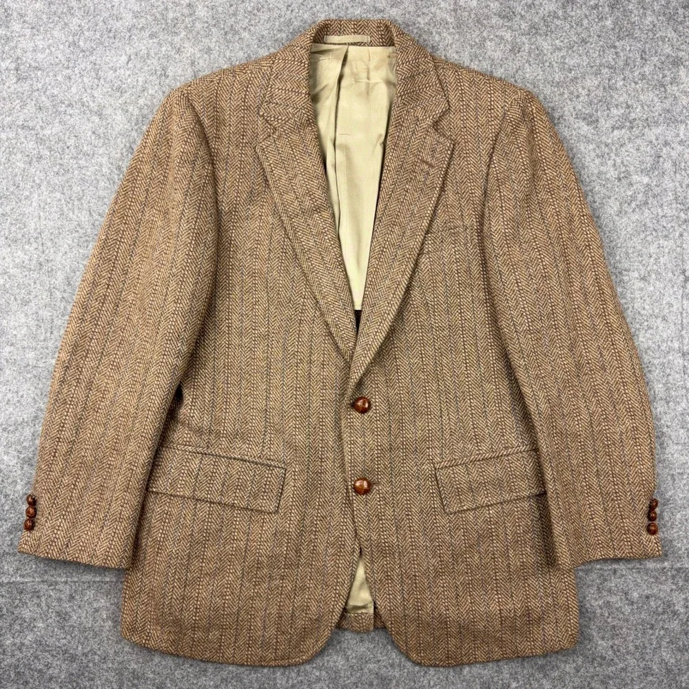 VTG Stanley Blacker Blazer Mens 40 Brown Herringbone Tweed Wool Sport Coat 80s